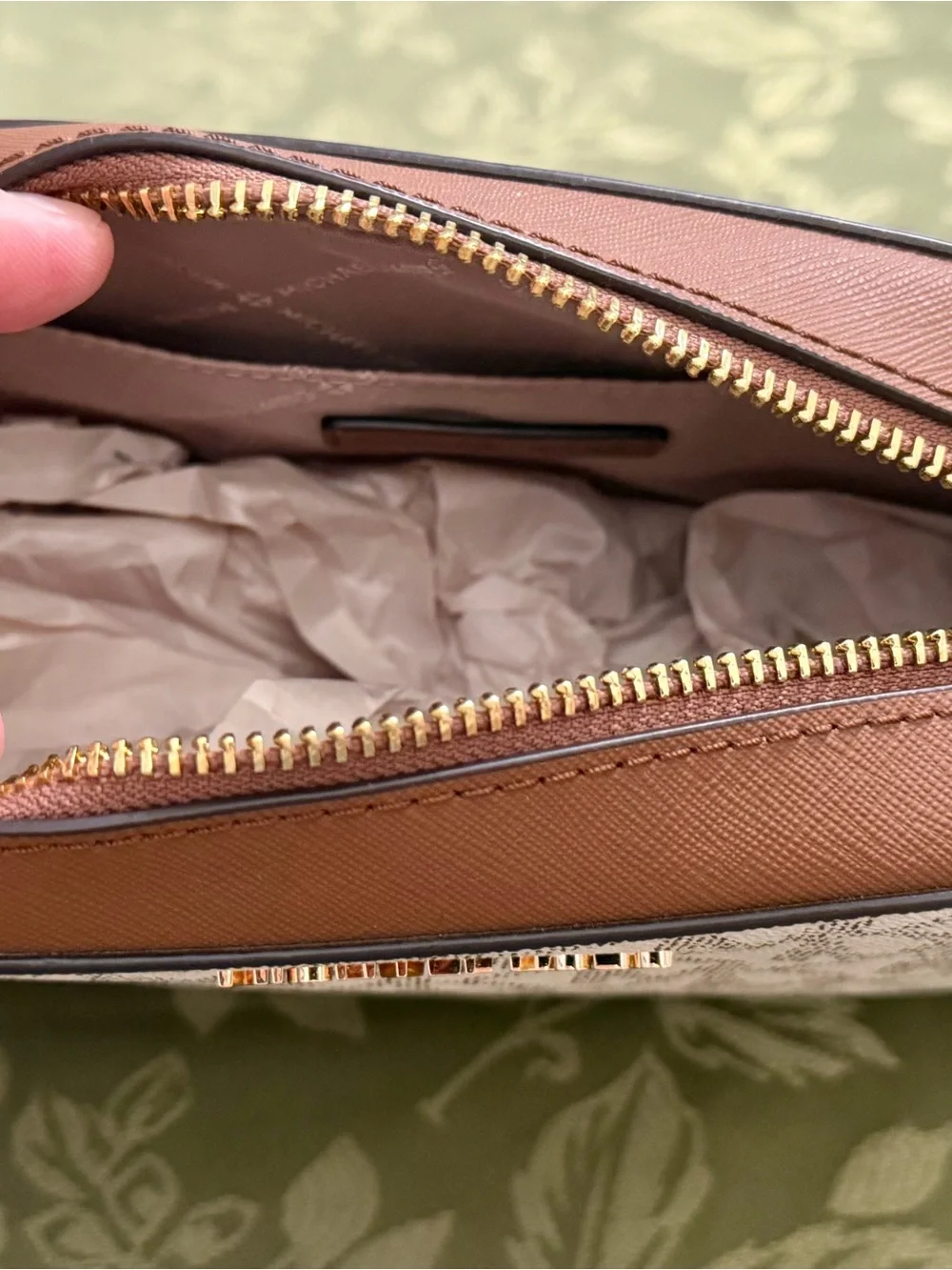 Michael Kors Cream and Brown Signature Dome Crossbody